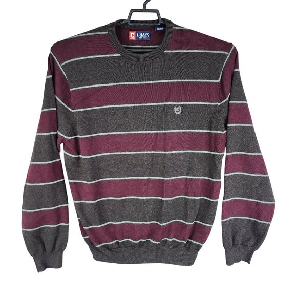 Mens Chaps Burgundy & Gray Striped Sweater 100% Cotton Crewneck Long Sleeve L - Picture 1 of 12